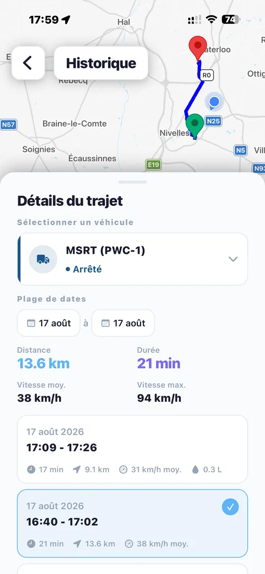 Historique de trajet et vitesses dans l'application mobile Tracker4Fleet