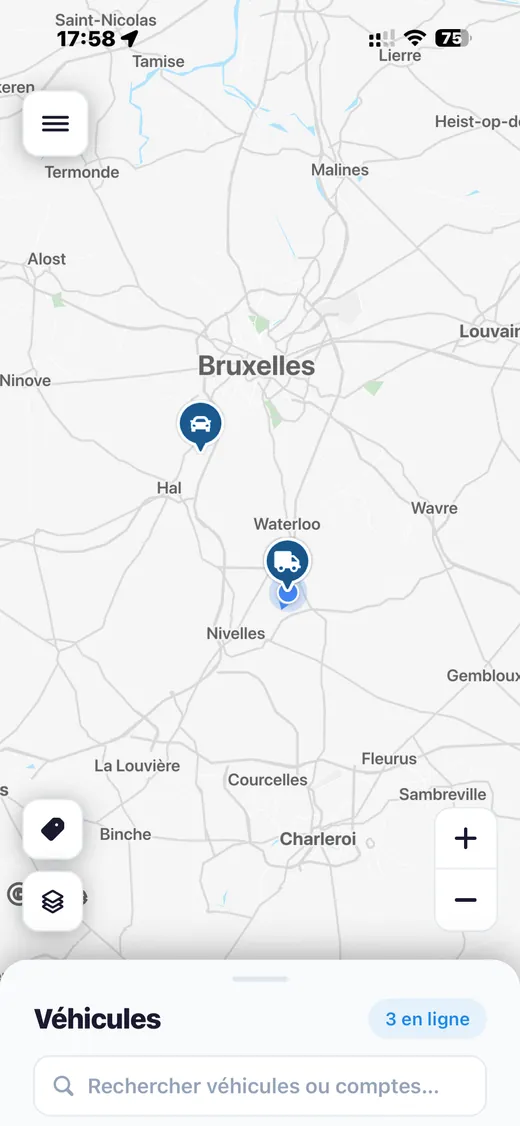 Carte de suivi de flotte en temps réel dans l'application mobile Tracker4Fleet