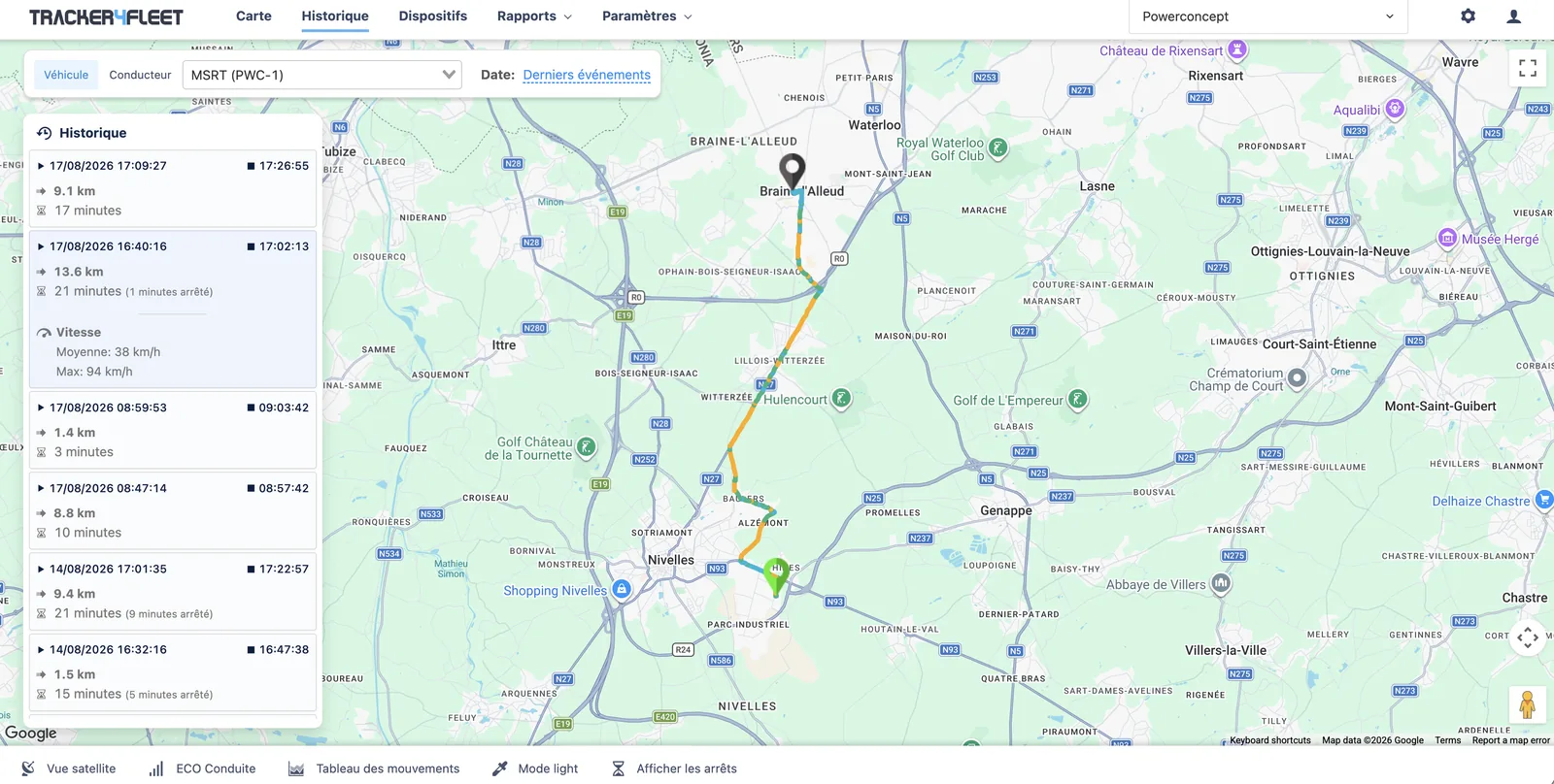 Historique des trajets d'un véhicule avec distance, durée et vitesses